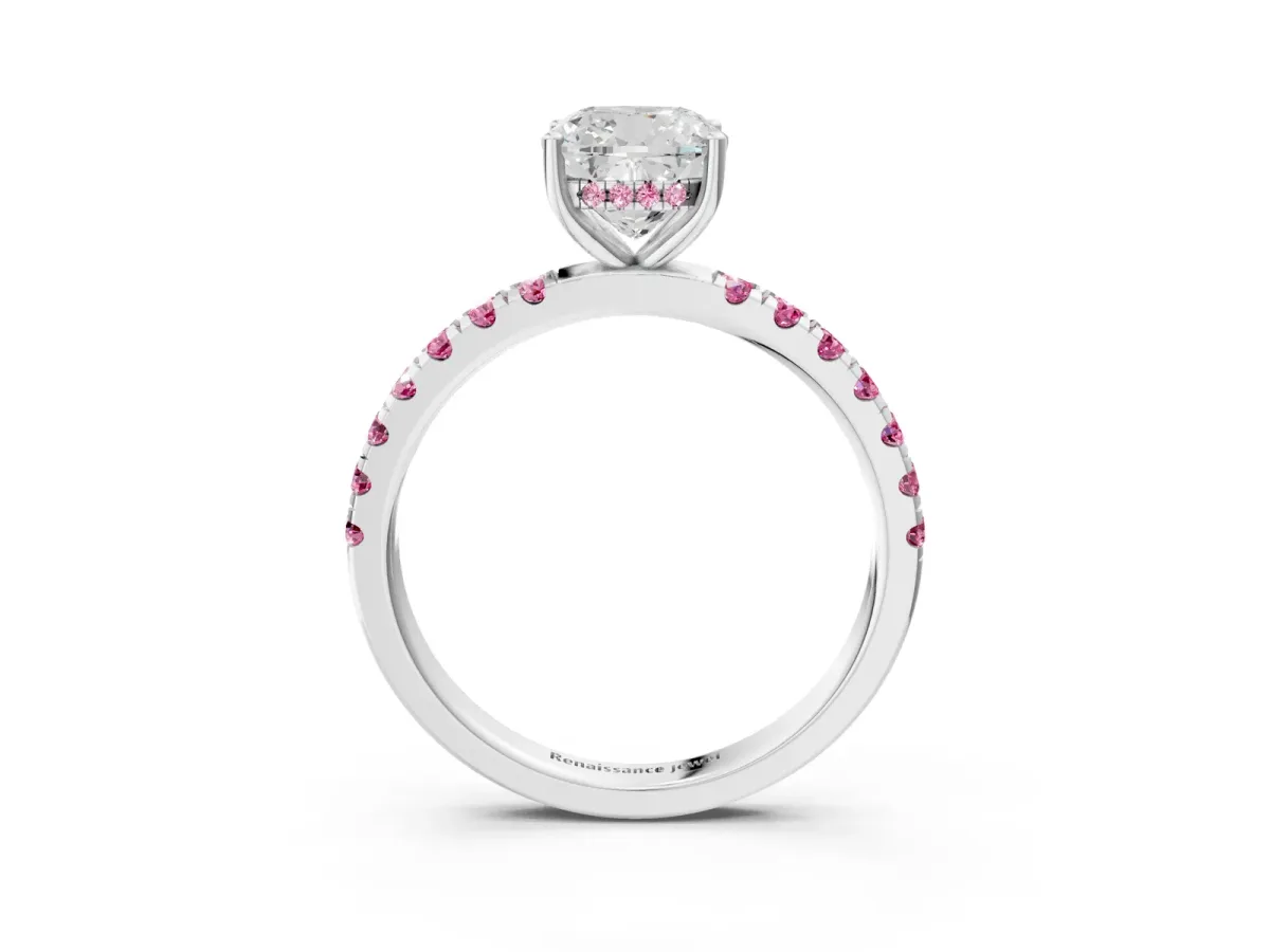 Cushion Cut Diamond Pave Band Solitaire Ring with Round Pink Sapphire and Prong Setting Platinum