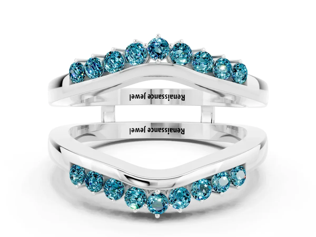 Round Blue Topaz Chevron Contour Band with Prong Setting White gold