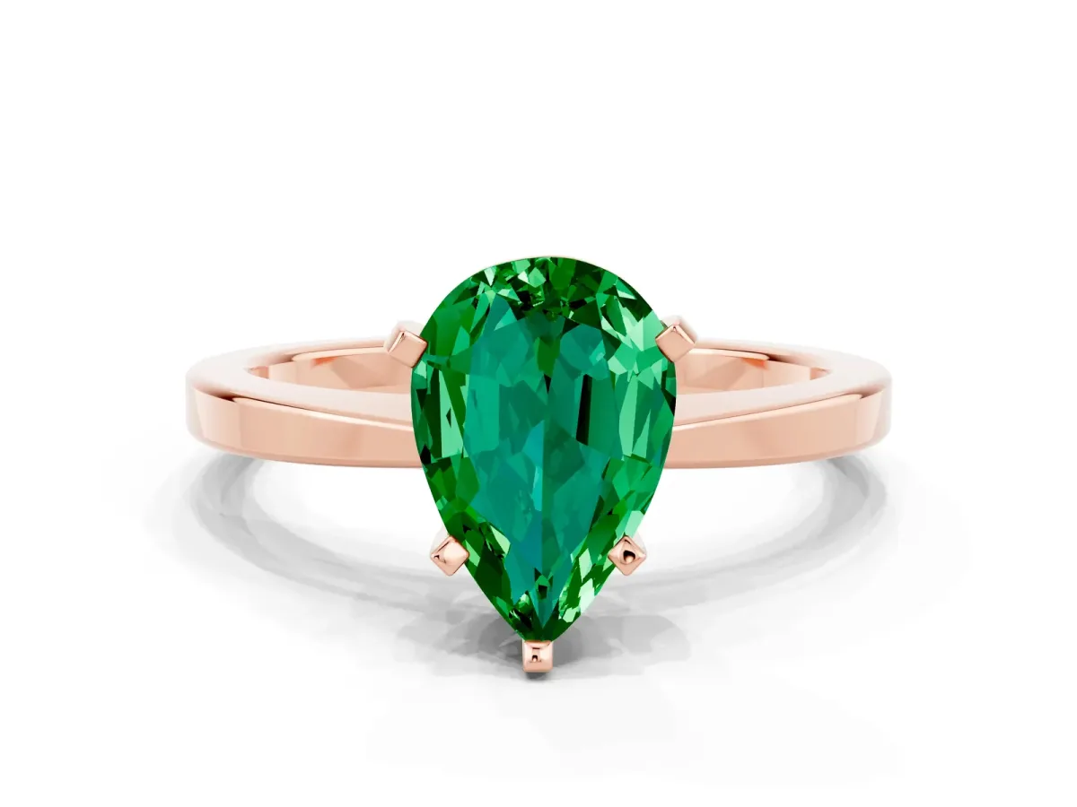 Pear Cut Emerald Solitaire Engagement Ring with Classic Band and Four-Prong Setting Rose gold