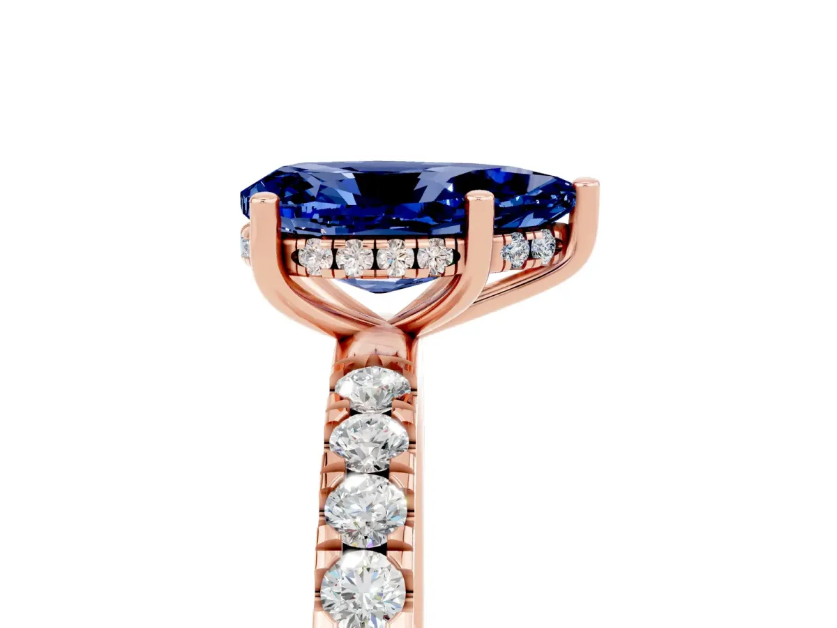 Pear Cut Blue Sapphire Pave Band Solitaire Ring with Round and Prong Setting Rose gold