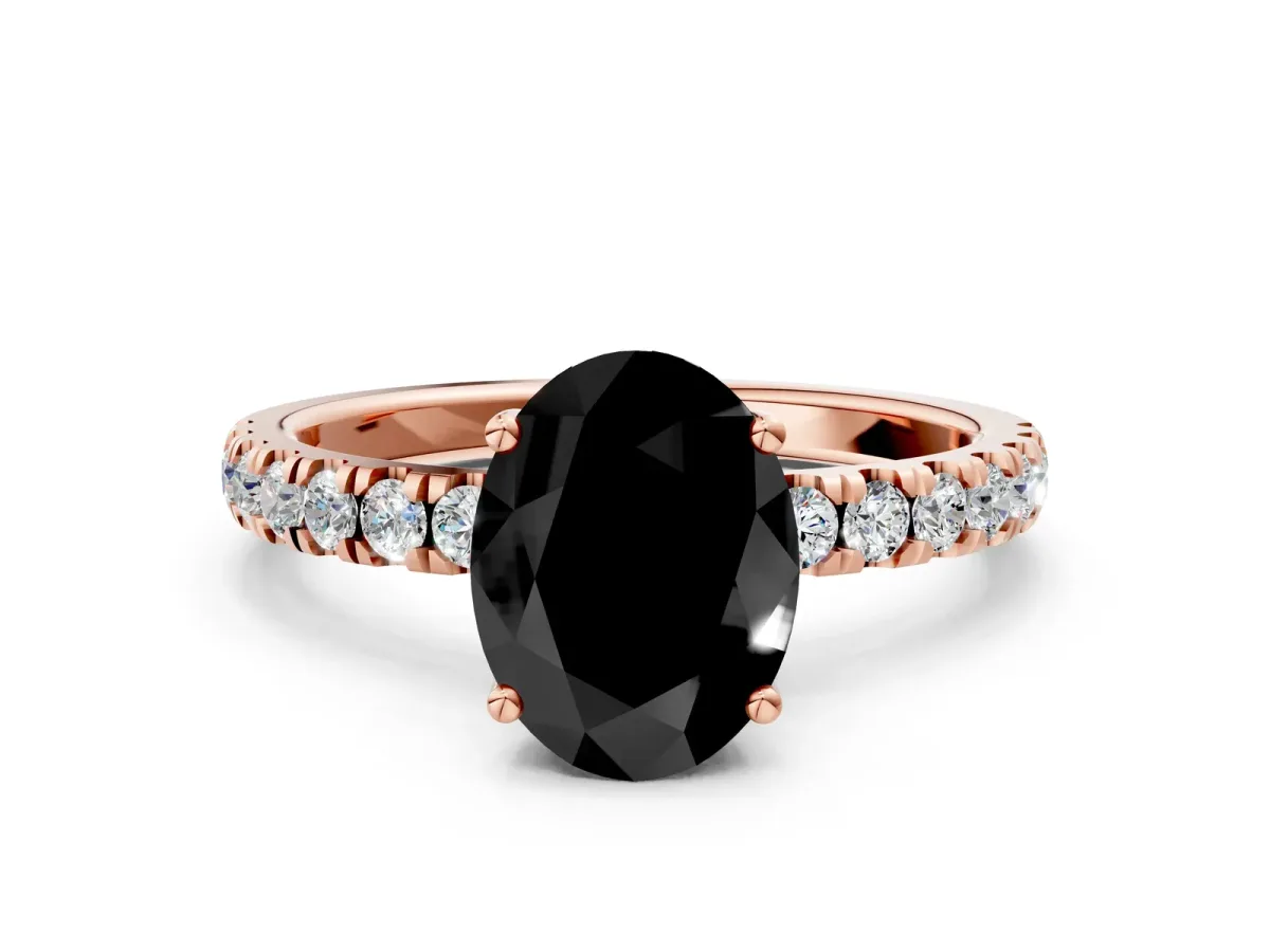 Fancy Black Oval Cut Diamond Pave Band Solitaire Ring with Round and Prong Setting Rose gold