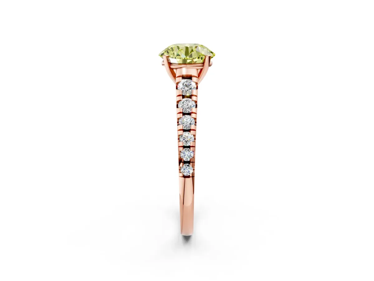 Fancy Yellow Round Cut Diamond Cathedral Solitaire Ring with Round Pavé Band Rose gold