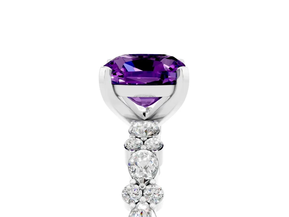 Cushion Cut Amethyst Side Stone Solitaire Ring with Round and Four-Prong Setting White gold