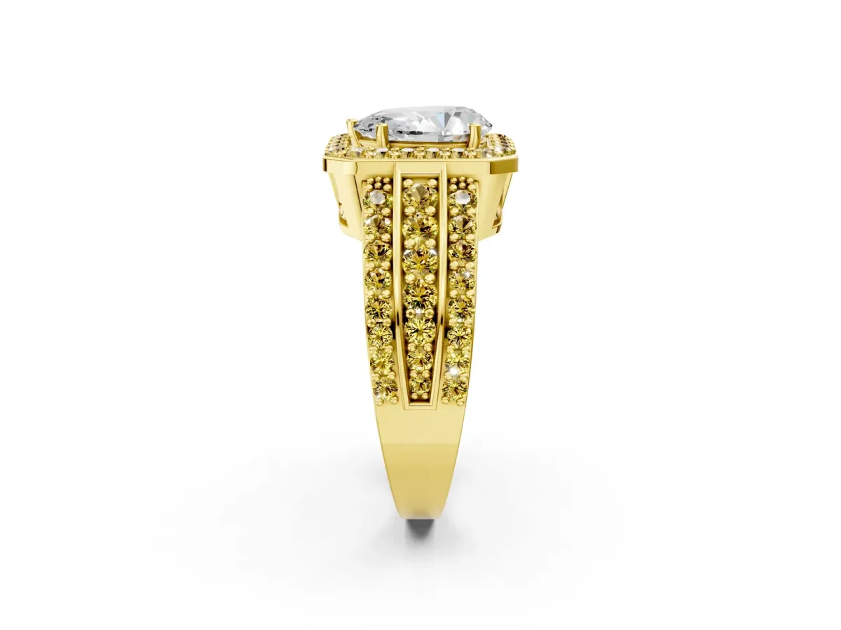 Pear Cut Halo Diamond Ring with Round Yellow Sapphire Split Shank and Prong Setting Yellow gold
