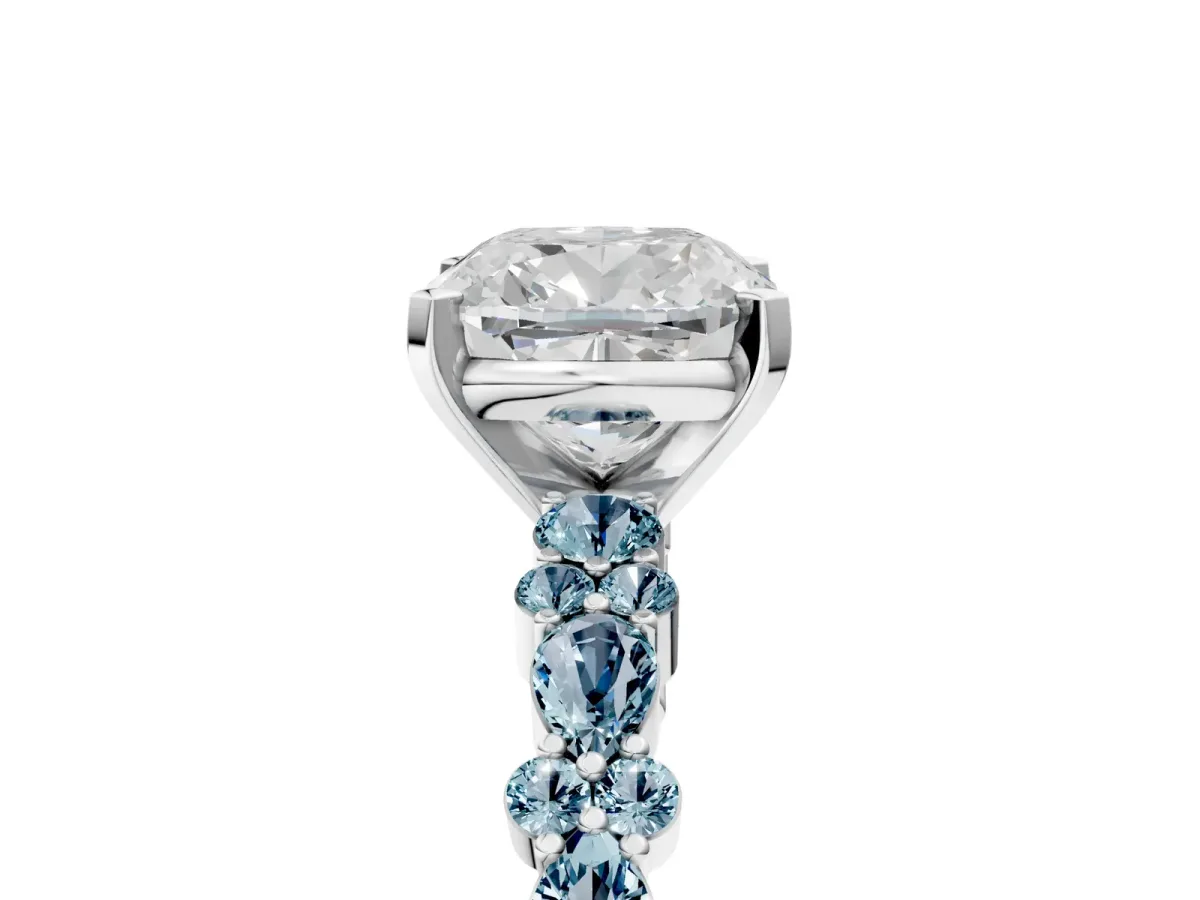 Cushion Cut Diamond Side Stone Solitaire Ring with Round Aquamarine and Four-Prong Setting Platinum