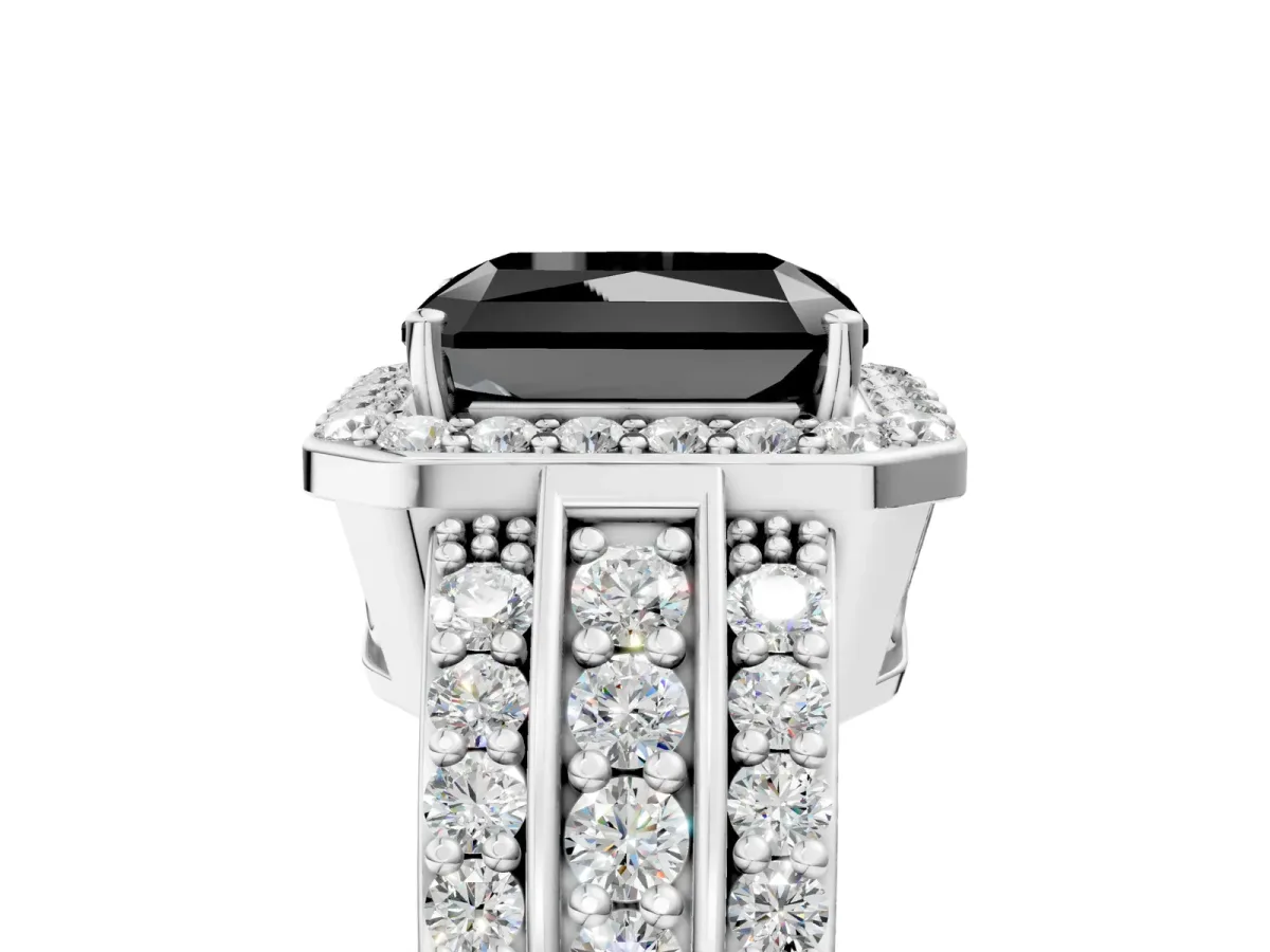 Fancy Black Radiant Cut Halo Diamond Ring with Round Split Shank and Prong Setting Platinum