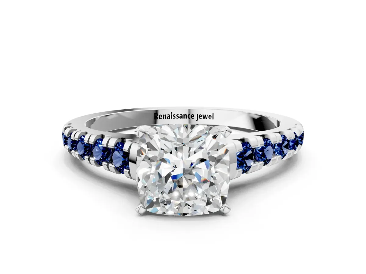 Cushion Cut Diamond Cathedral Solitaire Ring with Round Blue Sapphire Pavé Band Platinum