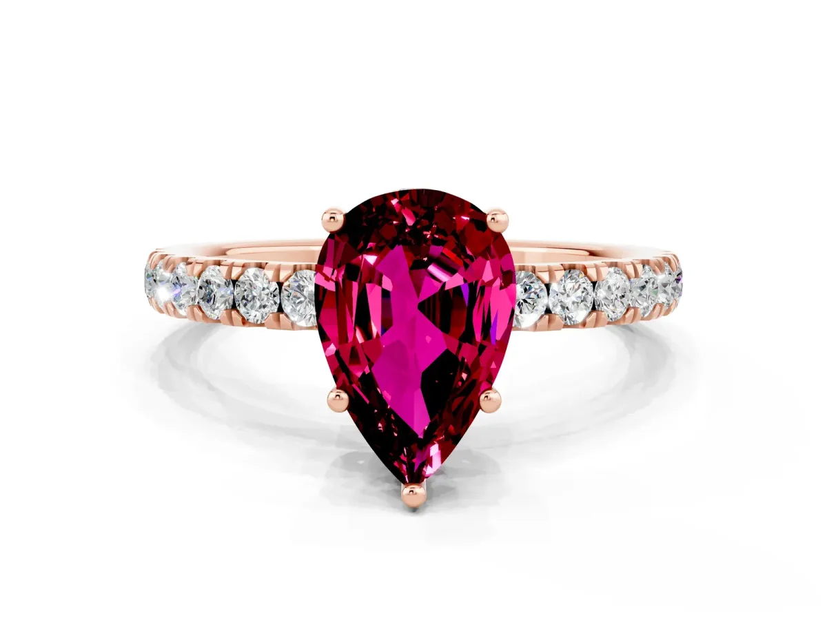 Pear Cut Garnet Pave Band Solitaire Ring with Round and Prong Setting Rose gold
