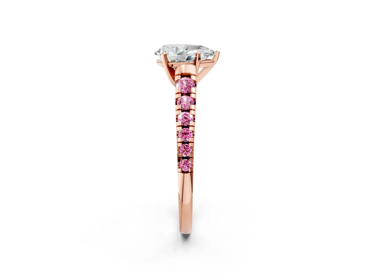 Pear Cut Diamond Cathedral Solitaire Ring with Round Pink Sapphire Pavé Band Rose gold