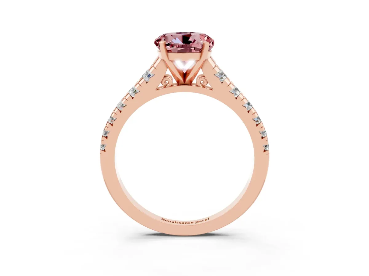 Round Cut Morganite Cathedral Solitaire Ring with Round Pavé Band Rose gold