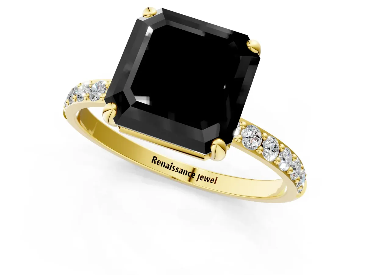 Fancy Black Asscher Cut Diamond Solitaire Ring with Round Pavé Band and Prong Setting Yellow gold