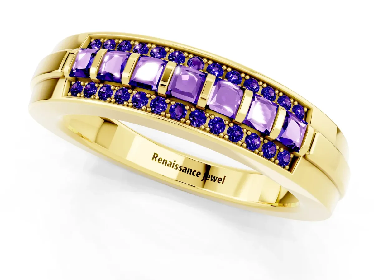 Bar-Set Princess Cut Tanzanite Pavé Band Yellow gold