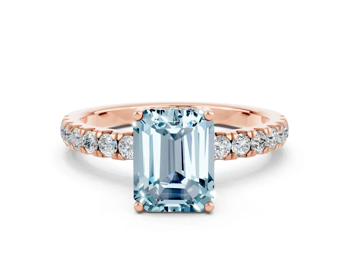Emerald Cut Aquamarine Pave Band Solitaire Ring with Round and Prong Setting Rose gold