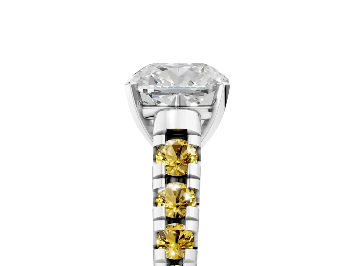 Cushion Cut Diamond Cathedral Solitaire Ring with Round Yellow Sapphire Pavé Band Silver