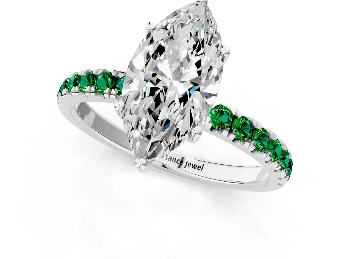Marquise Cut Diamond Pave Band Solitaire Ring with Round Emerald and Prong Setting Platinum