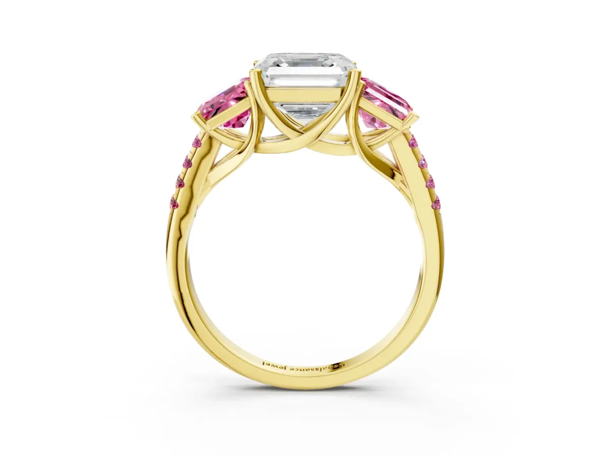 Three-Stone Asscher Cut Diamond Ring with Round Pink Sapphire Pavé Band and Prong Setting Yellow gold