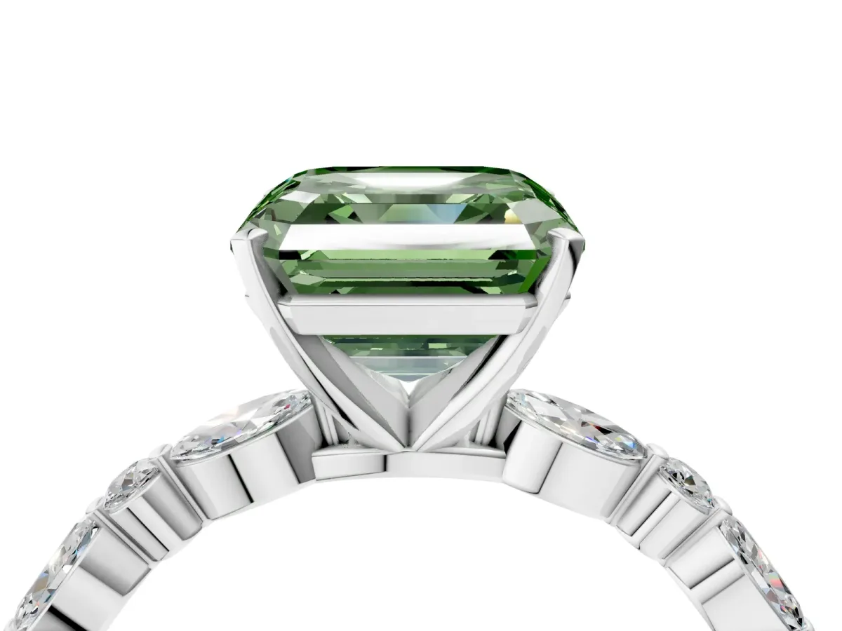 Fancy Green Asscher Cut Diamond Ring with Marquise and Round Side Stones and Four-Prong Setting Silver