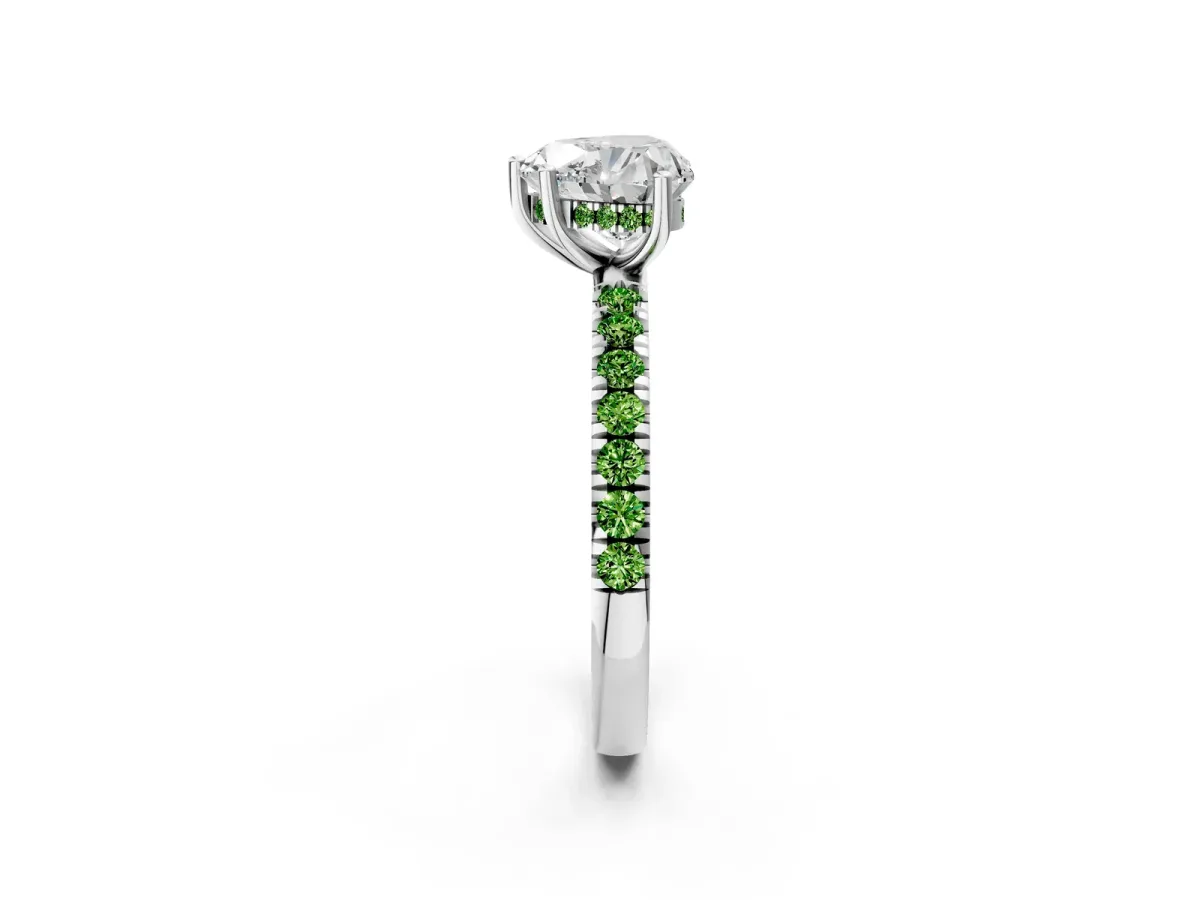 Heart Cut Diamond Pave Band Solitaire Ring with Round Peridot and Prong Setting Platinum