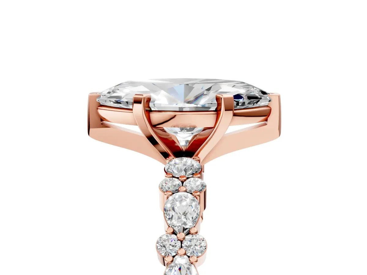 Marquise Cut Diamond Side Stone Solitaire Ring with Round Moissanite and Four-Prong Setting Rose gold