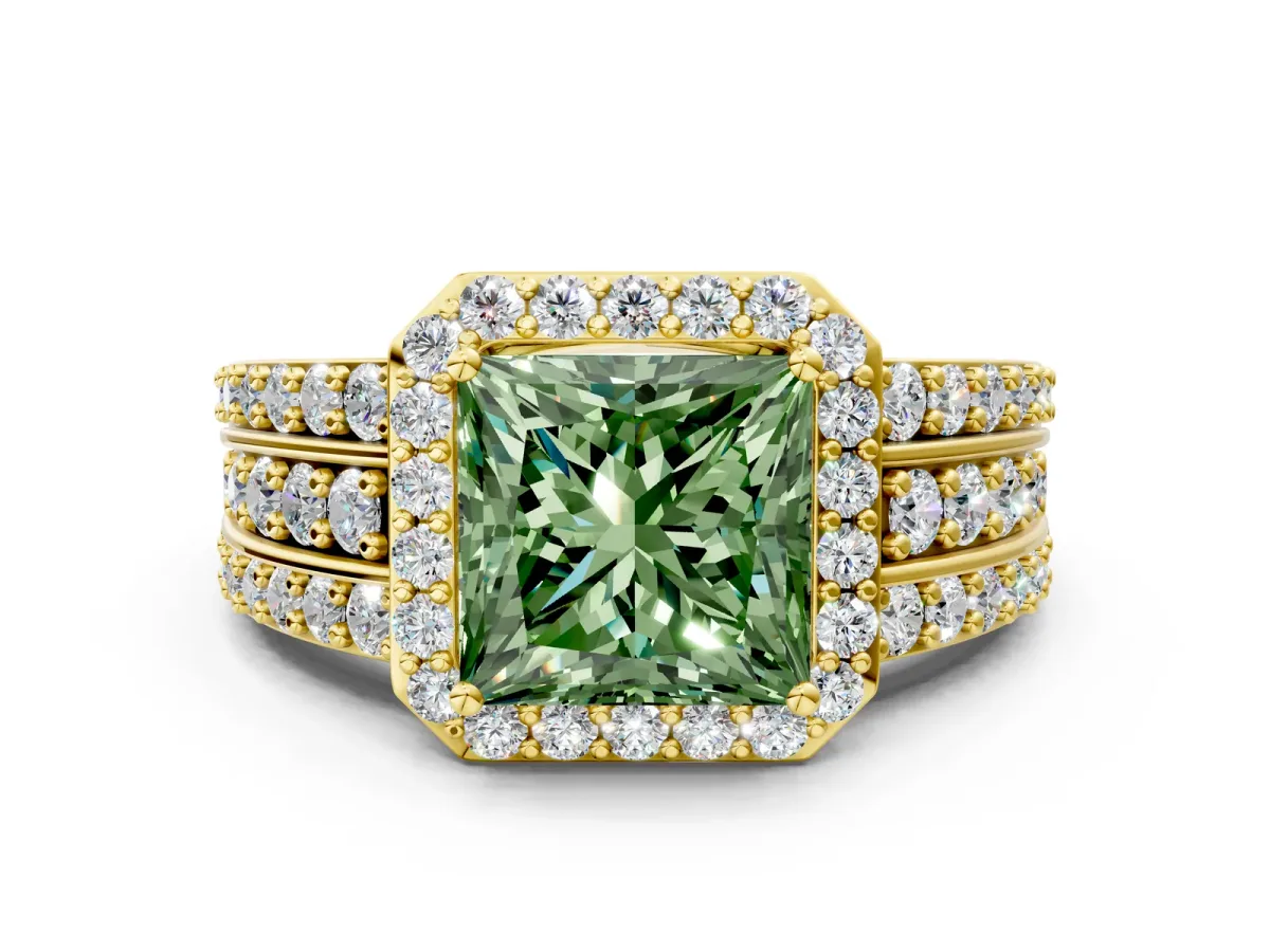 Fancy Green Princess Cut Halo Diamond Ring with Round Split Shank and Prong Setting Yellow gold