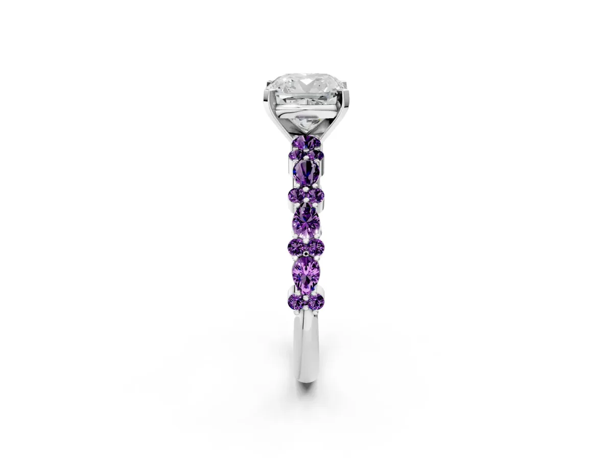 Cushion Cut Diamond Side Stone Solitaire Ring with Round Amethyst and Four-Prong Setting Platinum