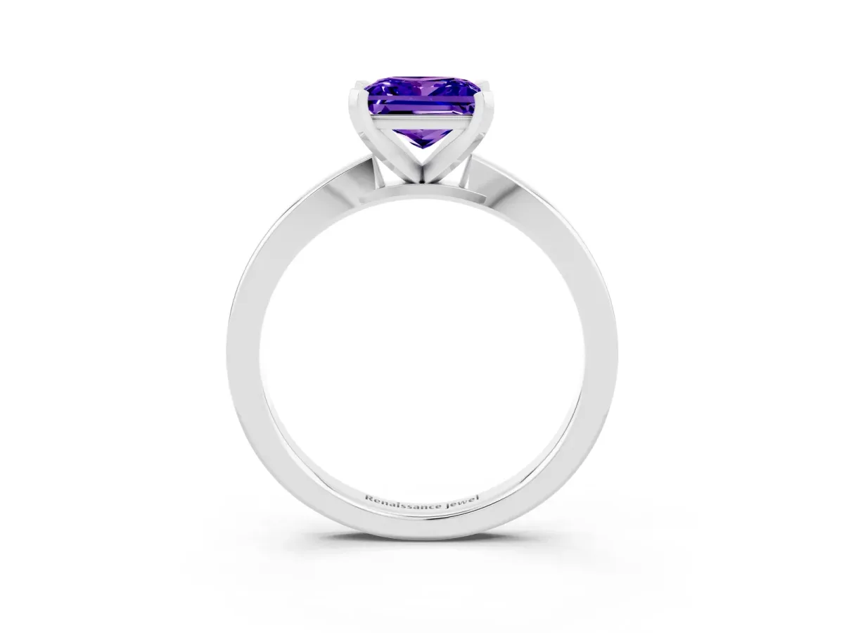 Princess Cut Tanzanite Solitaire Engagement Ring with Classic Band and Four-Prong Setting Silver
