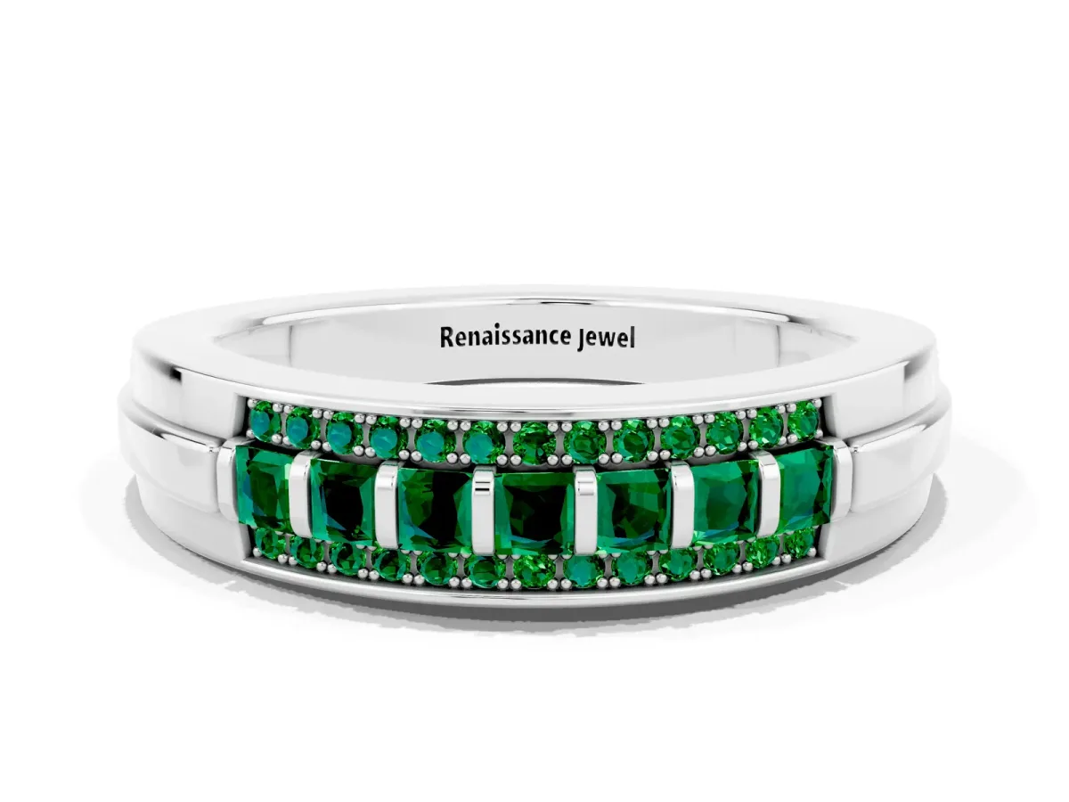 Bar-Set Princess Cut Emerald Pavé Band White gold