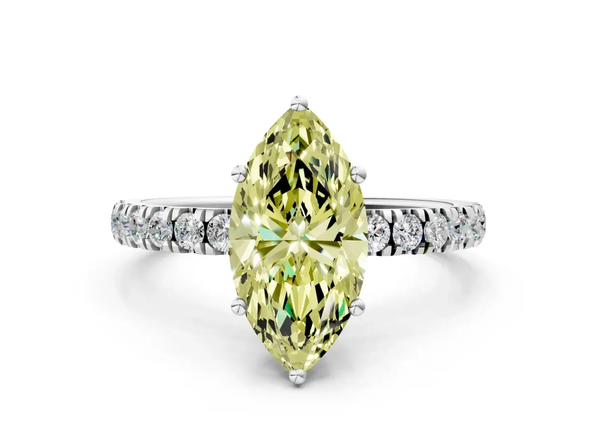 Fancy Yellow Marquise Cut Diamond Pave Band Solitaire Ring with Round and Prong Setting Silver