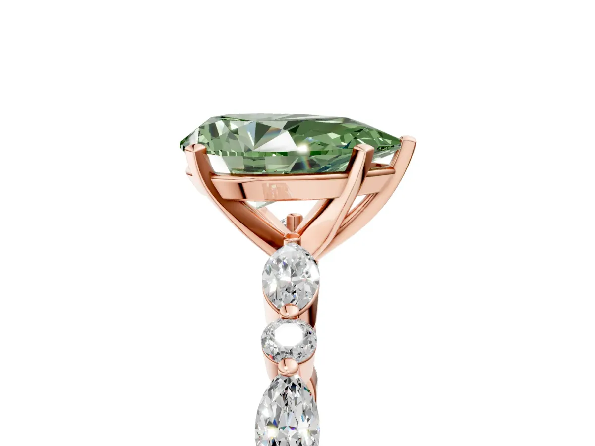 Fancy Green Pear Cut Diamond Ring with Marquise and Round Side Stones and Four-Prong Setting Rose gold