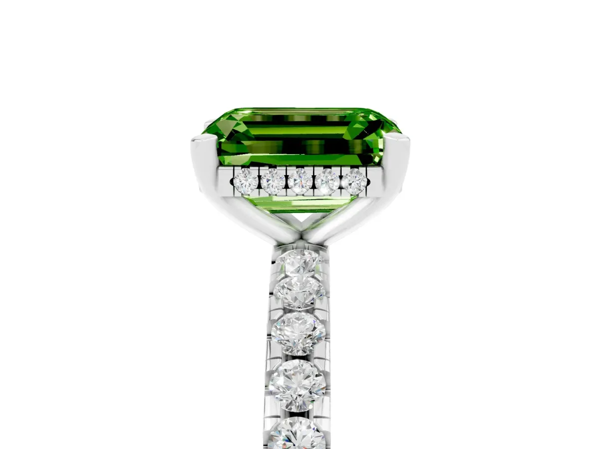 Emerald Cut Peridot Solitaire Ring with Round Pavé Band and Four-Prong Setting Platinum