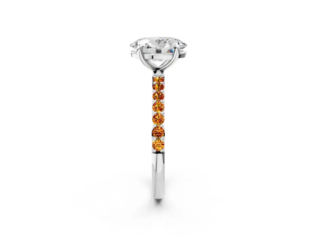 Oval Cut Diamond Solitaire Ring with Round Citrine Pavé Band and Prong Setting Platinum