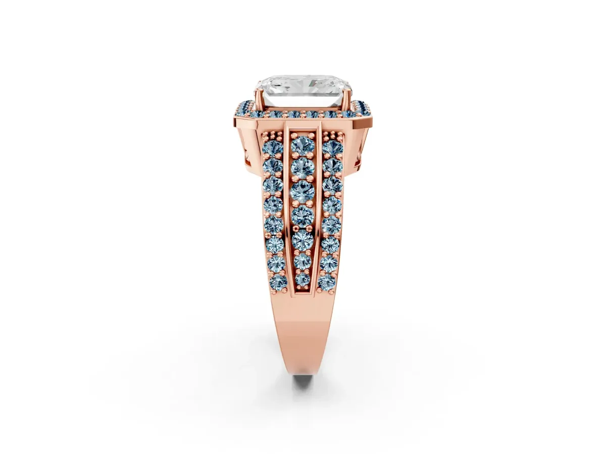 Radiant Cut Halo Diamond Ring with Round Aquamarine Split Shank and Prong Setting Rose gold
