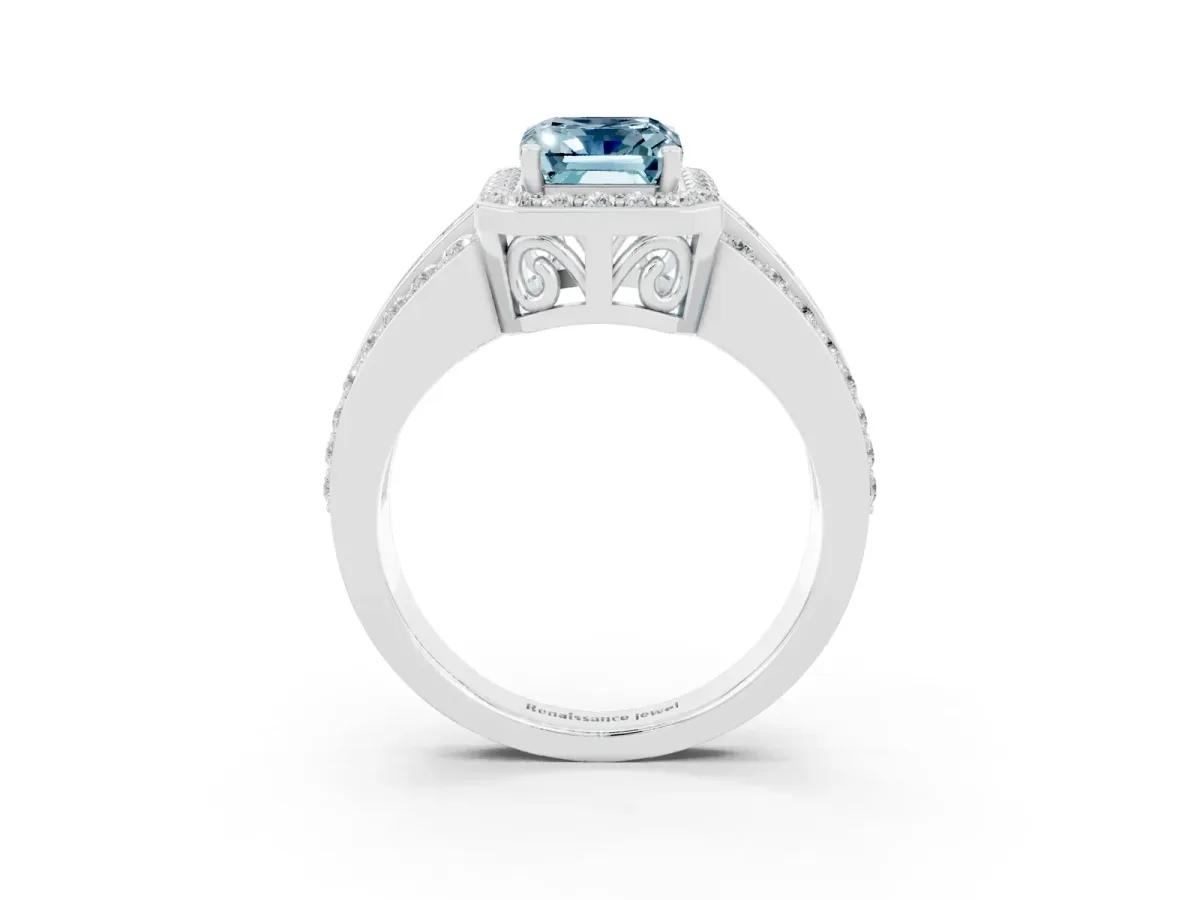 Emerald Cut Halo Aquamarine Ring with Round Split Shank and Prong Setting Platinum