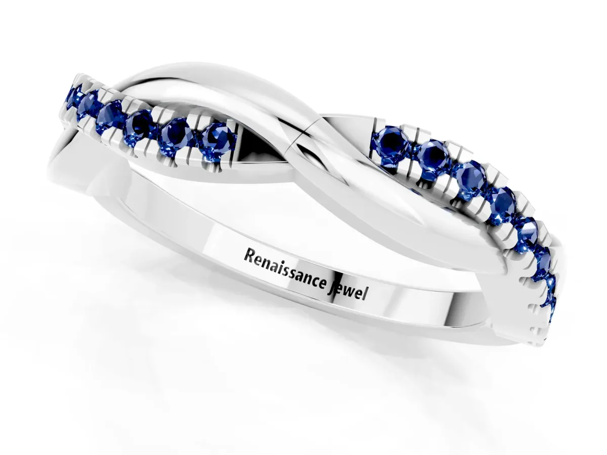 Round Blue Sapphire Twisted Infinity Band with Prong Setting White gold