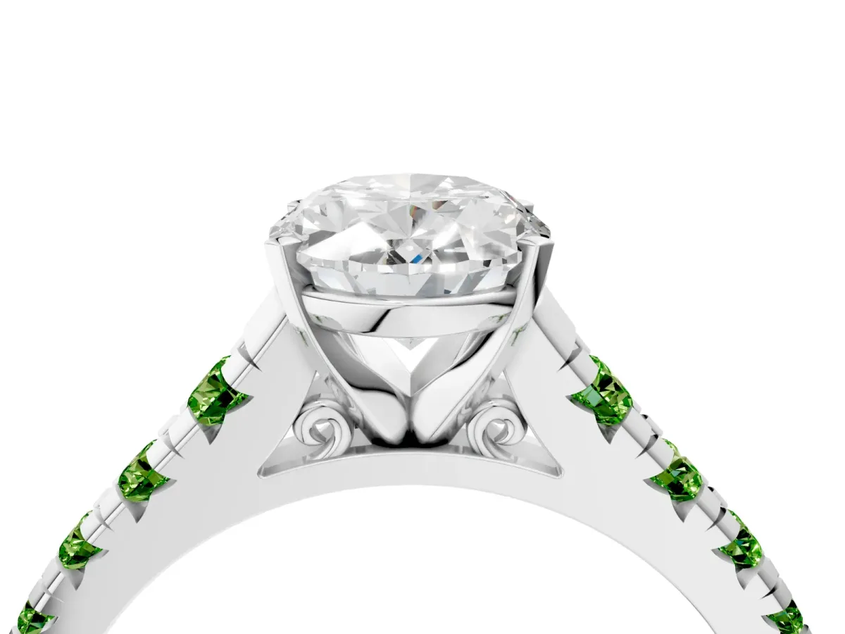 Oval Cut Diamond Cathedral Solitaire Ring with Round Peridot Pavé Band White gold
