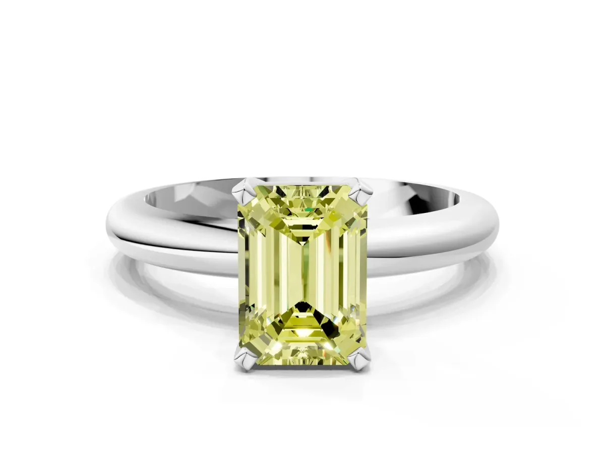 Fancy Yellow Emerald Cut Diamond Solitaire Engagement Ring with Round Band and Four-Prong Setting White gold