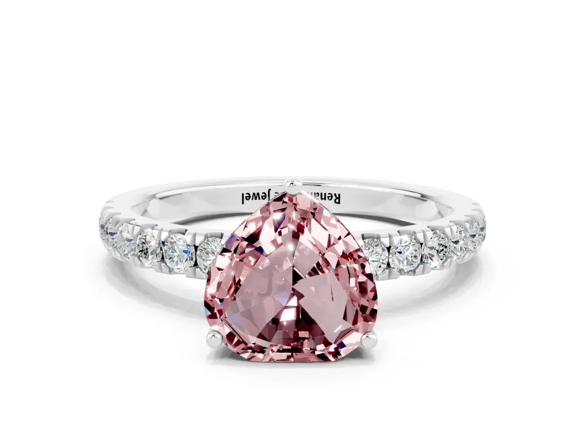Heart Cut Morganite Pave Band Solitaire Ring with Round and Prong Setting Platinum