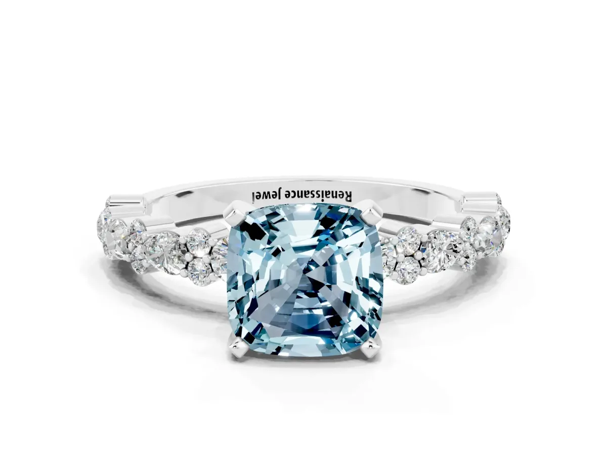 Cushion Cut Aquamarine Side Stone Solitaire Ring with Round and Four-Prong Setting White gold