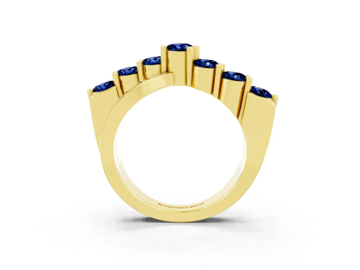 Round Blue Sapphire Prong-Set Crossover Band Yellow gold