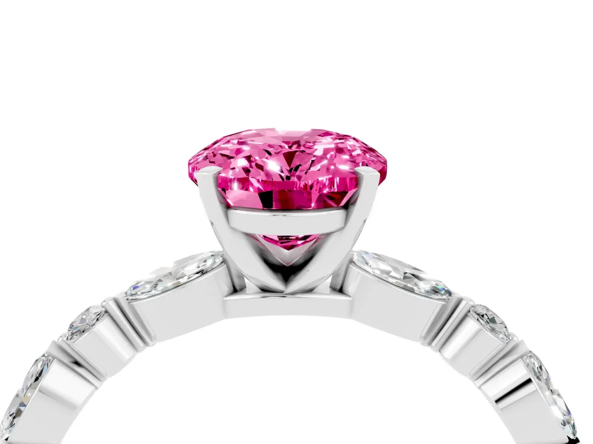 Oval Cut Pink Sapphire Ring with Marquise and Round Side Stones and Four-Prong Setting Platinum