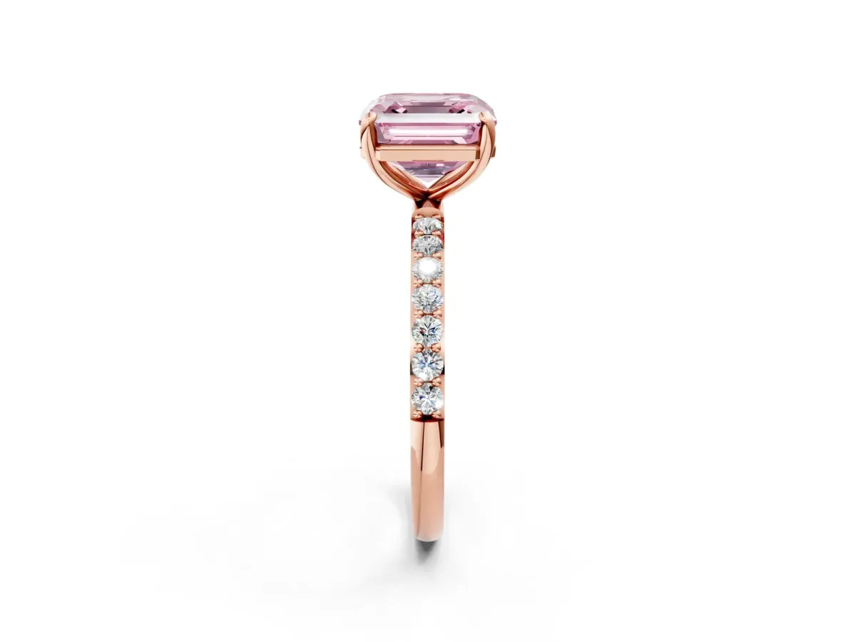Fancy Pink Asscher Cut Diamond Solitaire Ring with Round Pavé Band and Prong Setting Rose gold