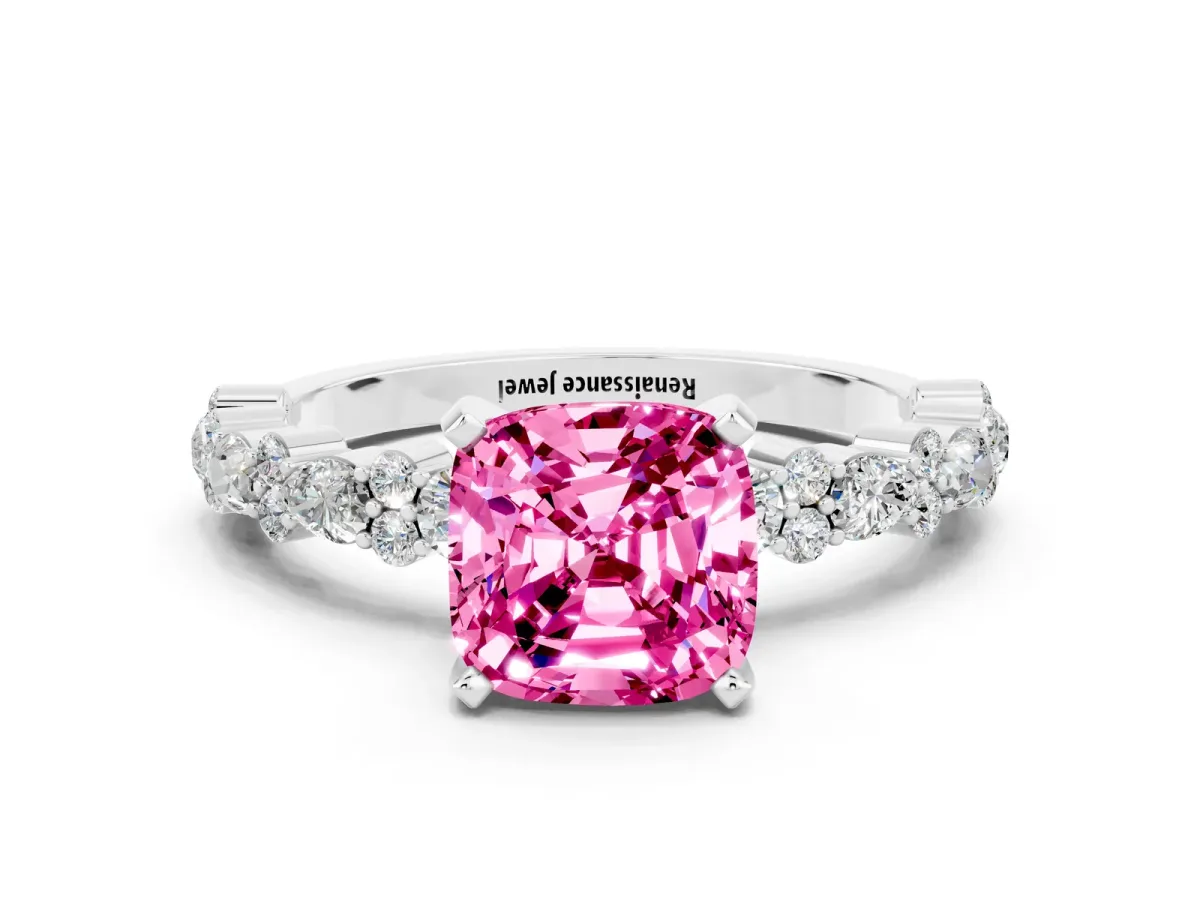 Cushion Cut Pink Sapphire Side Stone Solitaire Ring with Round and Four-Prong Setting Platinum