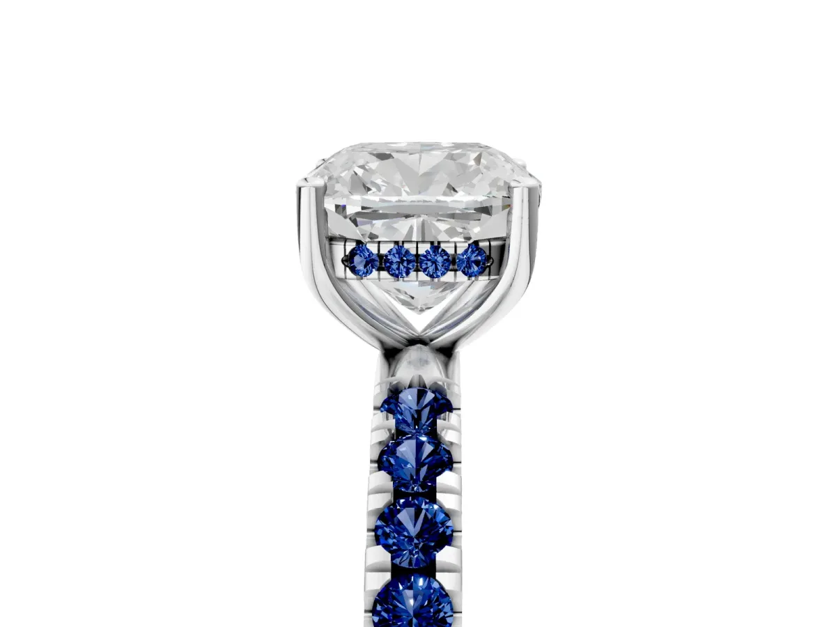 Cushion Cut Diamond Pave Band Solitaire Ring with Round Blue Sapphire and Prong Setting Platinum