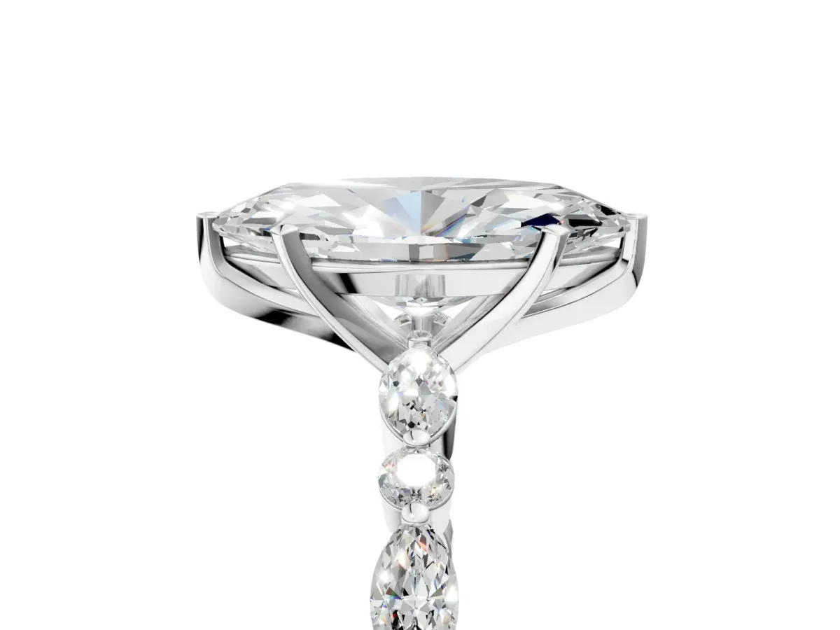 Marquise Cut Diamond Ring with Marquise and Round Moissanite Side Stones and Four-Prong Setting Silver