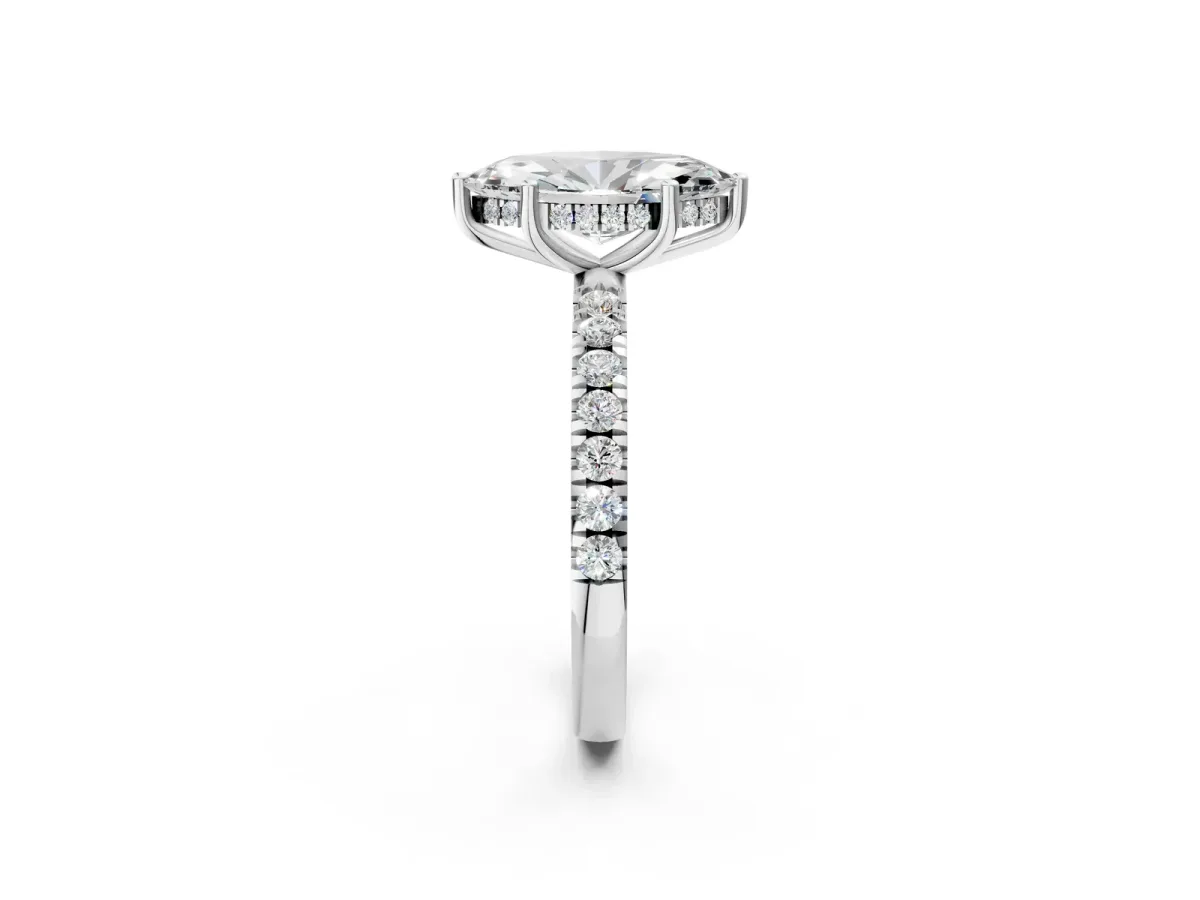 Marquise Cut Diamond Pave Band Solitaire Ring with Round Moissanite and Prong Setting White gold