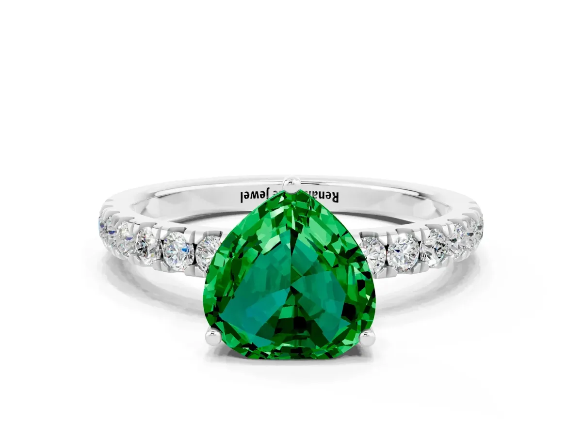 Heart Cut Emerald Pave Band Solitaire Ring with Round and Prong Setting Platinum