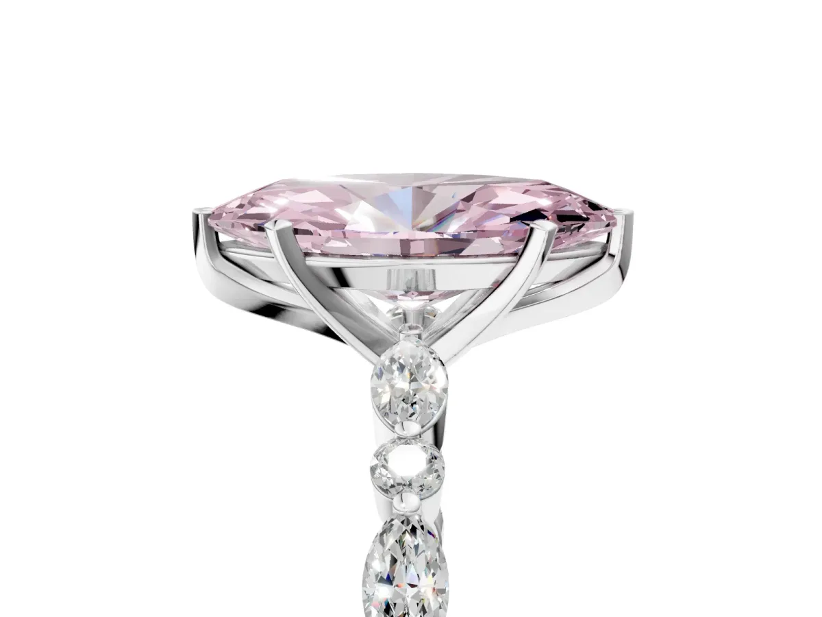 Fancy Pink Marquise Cut Diamond Ring with Marquise and Round Side Stones and Four-Prong Setting Silver