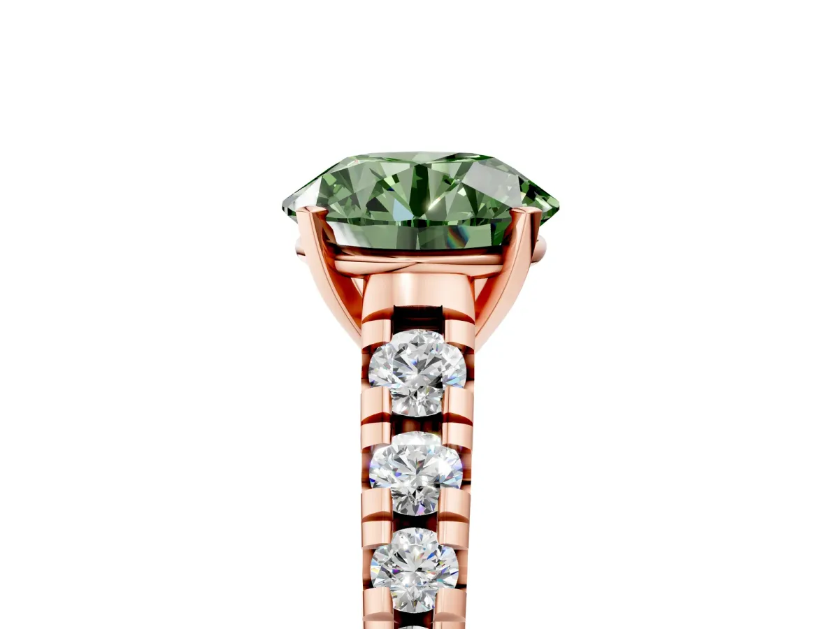 Fancy Green Round Cut Diamond Cathedral Solitaire Ring with Round Pavé Band Rose gold