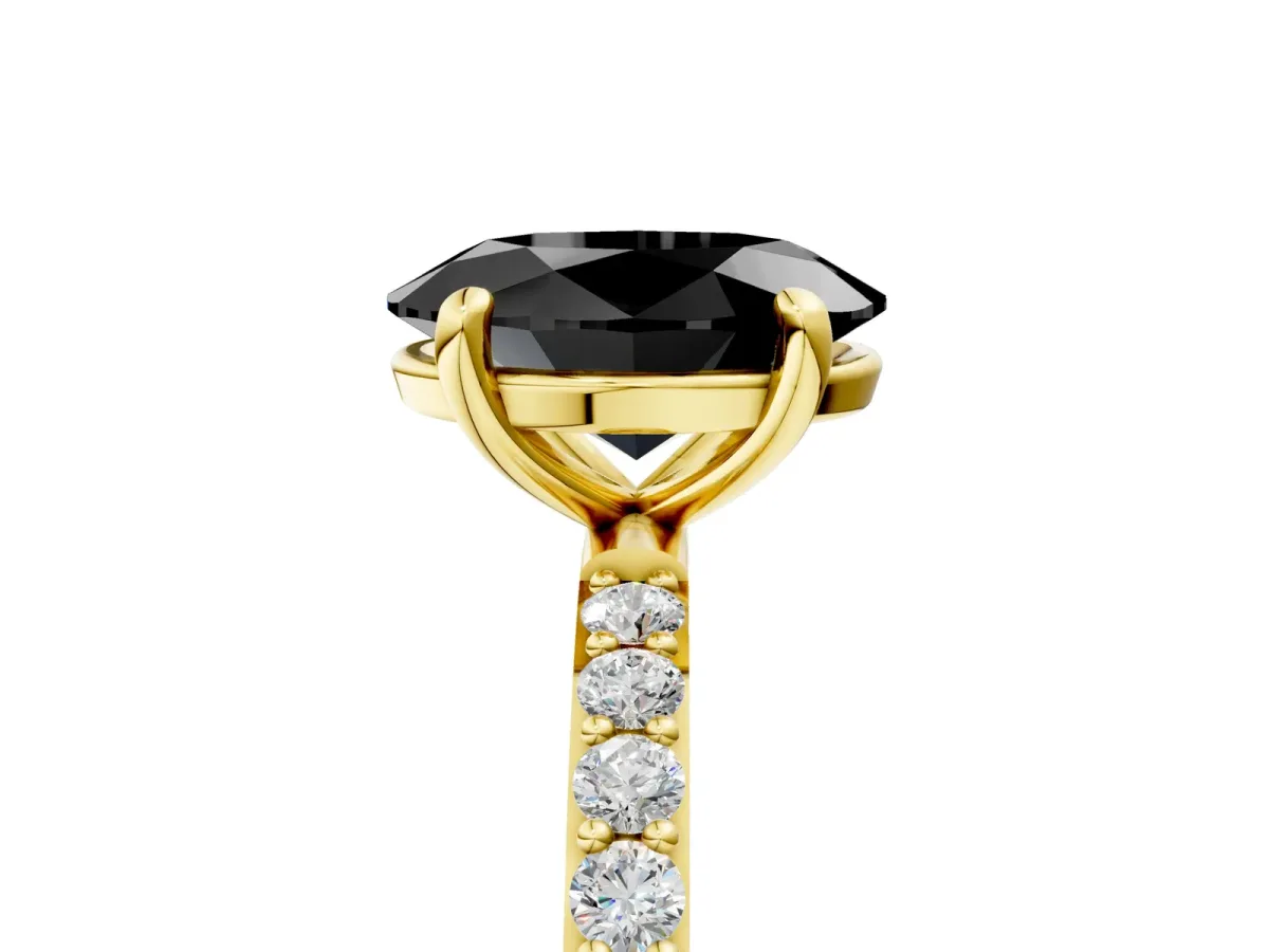 Fancy Black Oval Cut Diamond Solitaire Ring with Round Pavé Band and Prong Setting Yellow gold