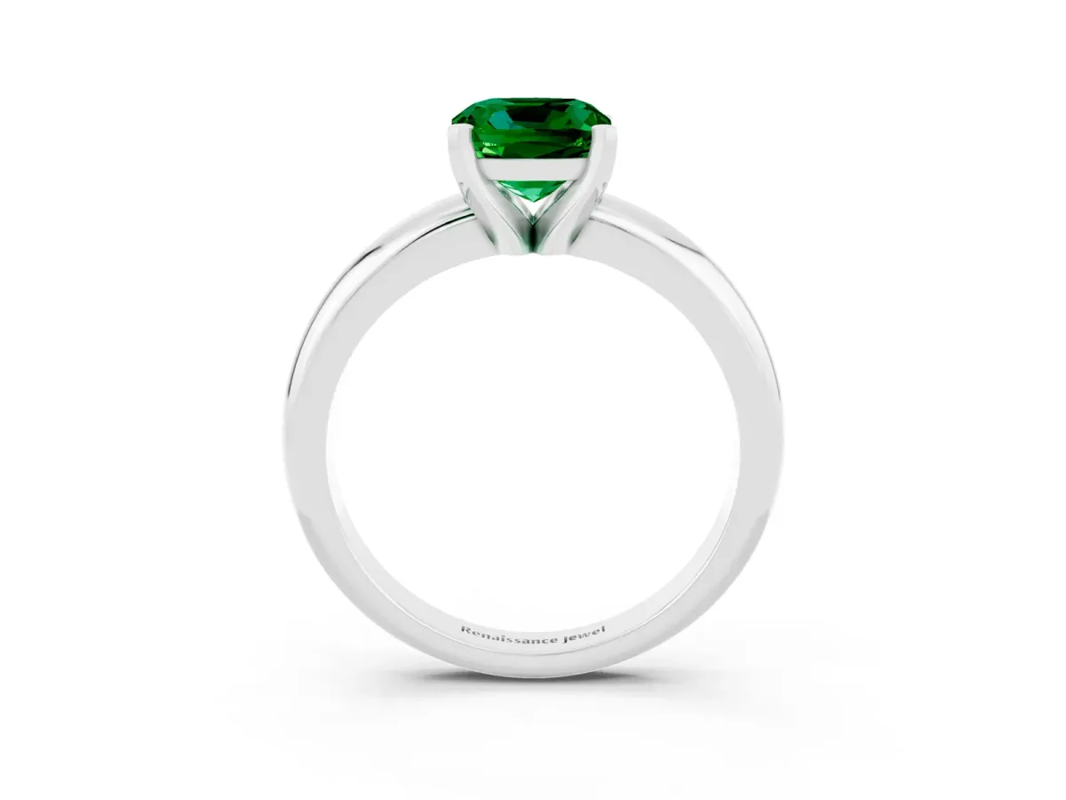 Cushion Cut Emerald Solitaire Engagement Ring with Round Band and Four-Prong Setting White gold